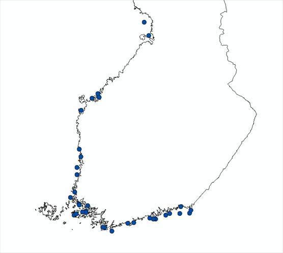 Karttakuva Suomen rannikon merimetsoyhdyskunnista
